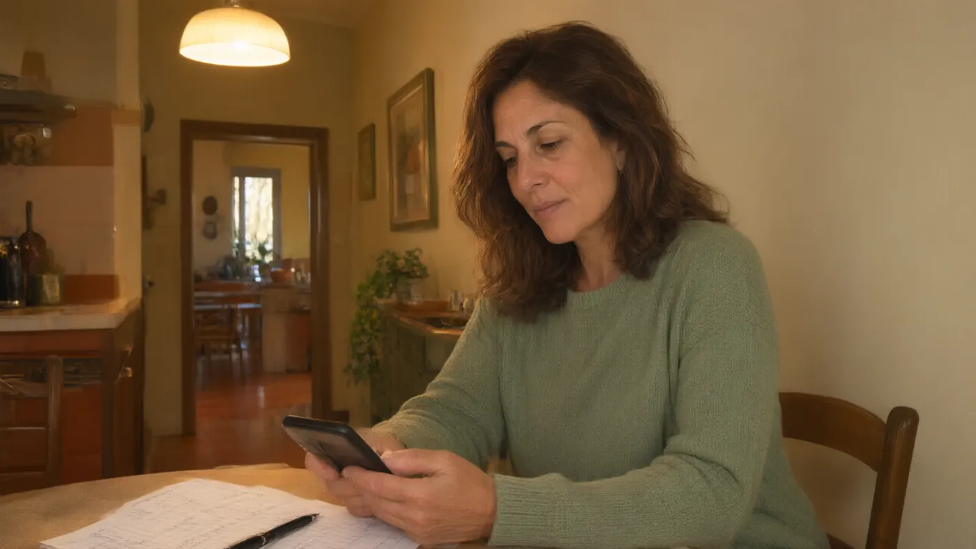Una donna legge la guida sul telefono al tavolo della cucina, la sera