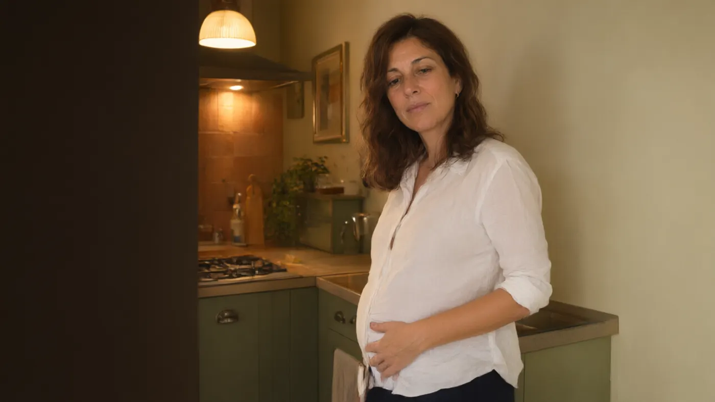 Di profilo in cucina, la camicia tesa sulla pancia la sera