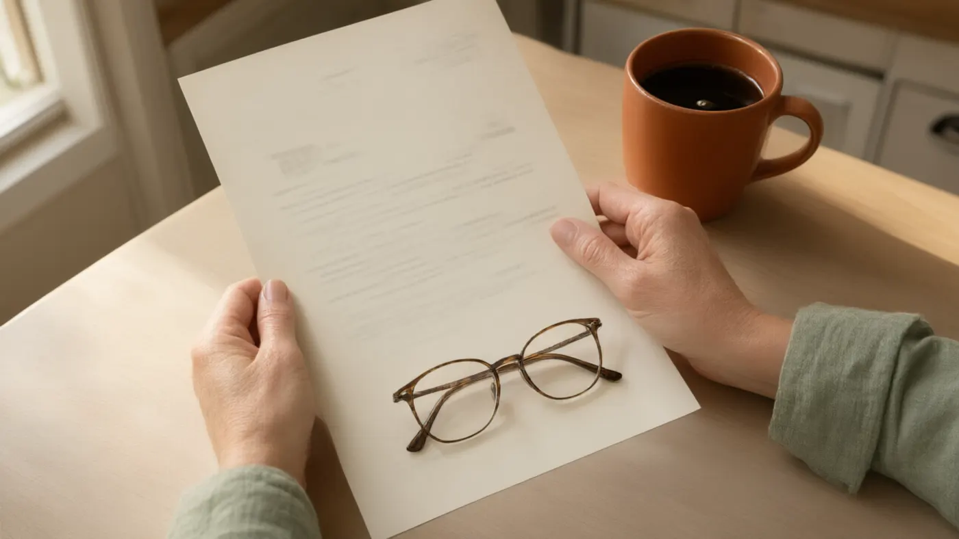 Mani che tengono un referto con gli occhiali appoggiati sopra